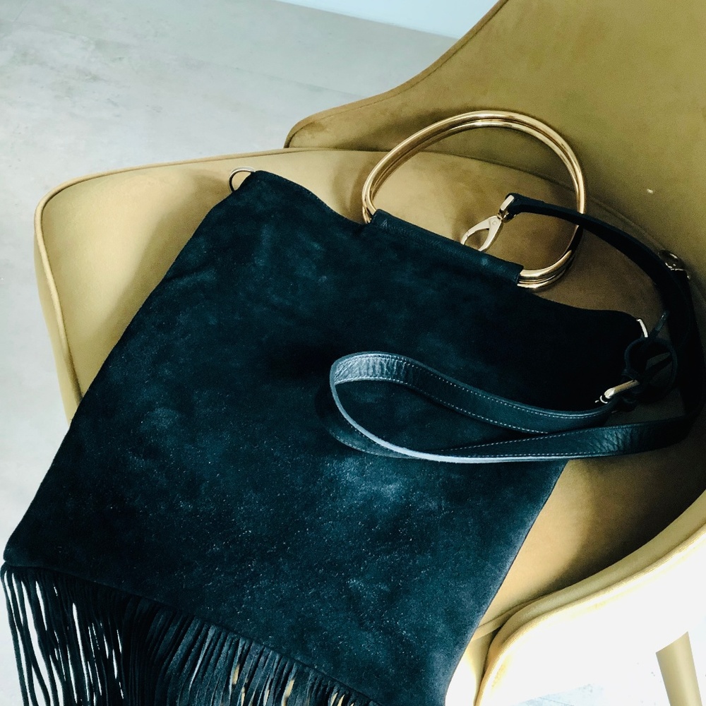 Uterque Black Suede Tote and Handbag with fringes